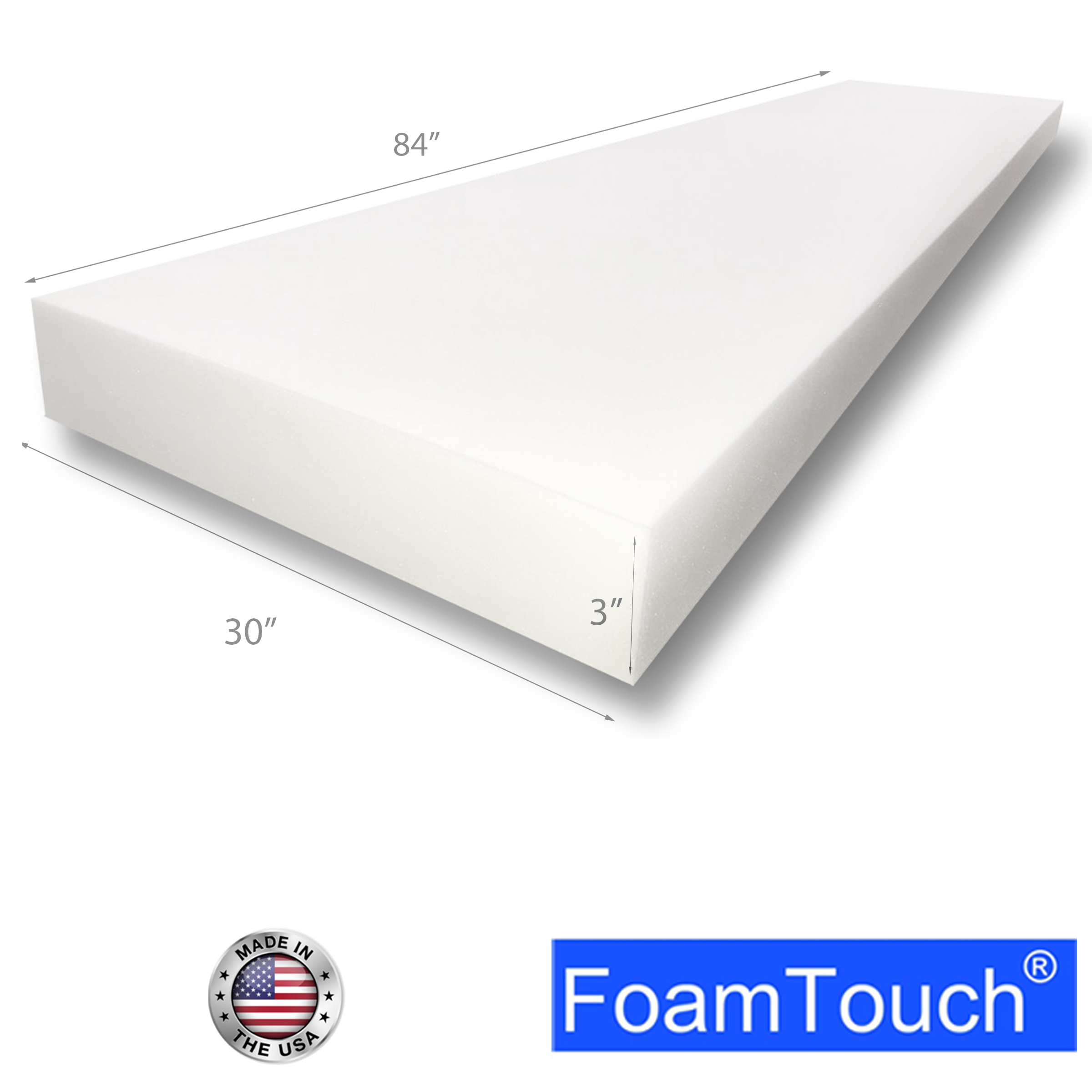 FoamTouch Upholstery Foam Cushion High Density 3'' Height x 30'' Width x  72'' Length