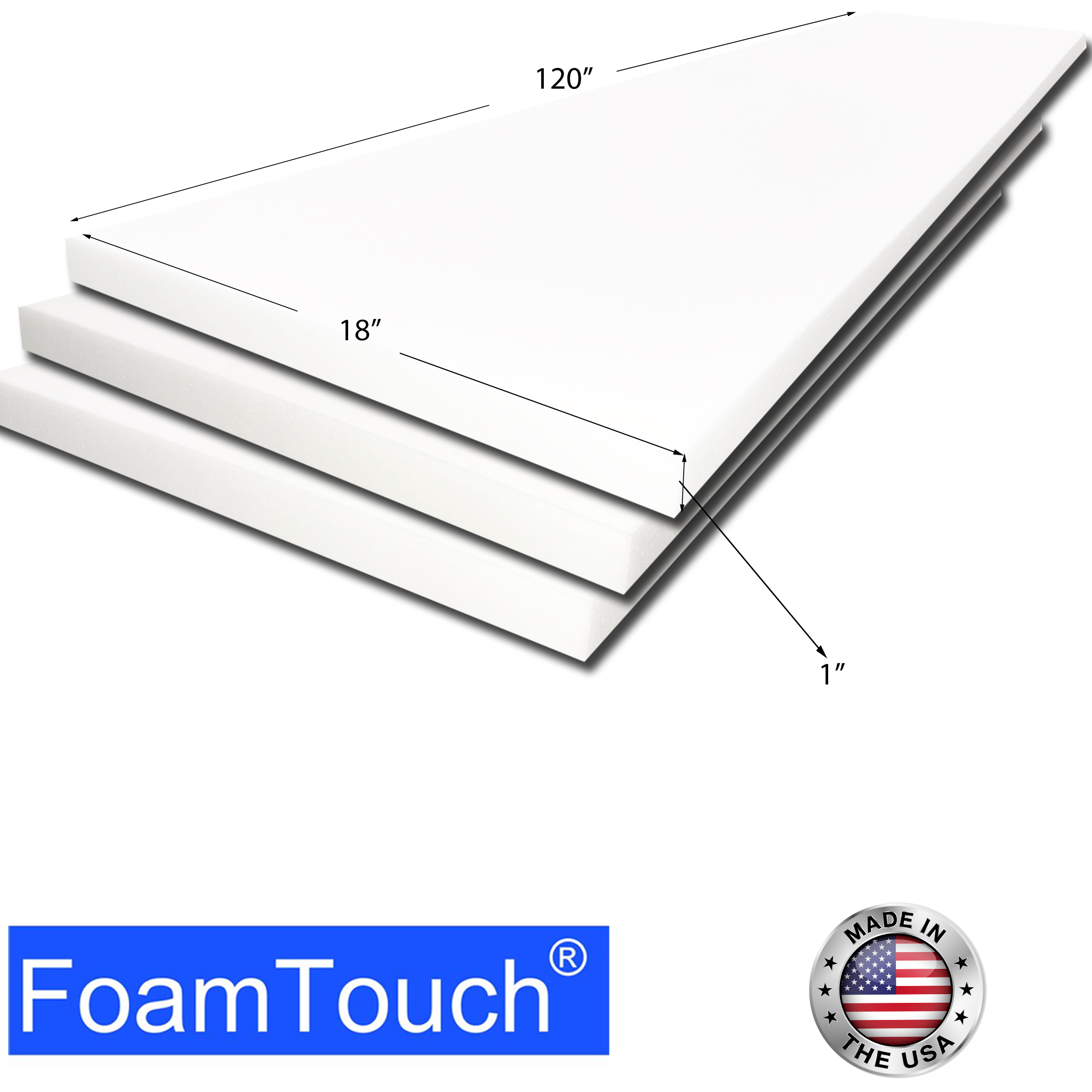 FoamTouch Upholstery Foam Cushion High Density 3 Height x 18 Width x 18  Length Made in USA